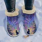 baratos Sapatos de Natal Femininos-Botas femininas natalinas quentinhas com forro de pele e estampa fofa de Papai Noel com gatinho – estilo aconchegante de inverno, sola leve antiderrapante, perfeitas para festas de fim de ano, passeios ao ar livre, uso casual e para presentear no Natal.