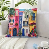 cheap Throw Pillows,Inserts &amp; Covers-Mediterranean Style Pillow Cover with 2D Flat Print Single-Sided Colorful Town Scene Plants and Flowers Decorative Cushion Case for Sofa Living Room Home