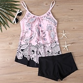 お買い得  タンキニ-女性用 スイムウェア 2ピース ショーツ 水着 バックレス 旅行度假风 ビーチウェア フラワー グラフィック Ｕネック ノースリーブ 水着