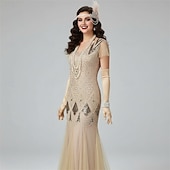 baratos Vestidos dos anos 1920-Conjunto Loucos anos 20 Anos 20 Até o Tornozelo Vestidos Vestido de Festa Roupa com acessórios Mangas curtas O Grande Gatsby Tamanhos Grandes Convidado do casamento Franjas Franjas Decote V Fantasia