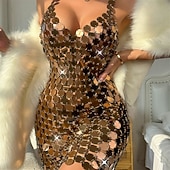 economico Abiti da Pratica-Samba Dancewear Abito Mini Glam Gold Sequin Disc da Donna - Costumi da ballo Bodycon metallici scintillanti  Performance da club