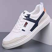 זול סניקרס קז'ואל-נעלי ספורט ספורטיביות לגברים בצבעי כחול כהה ולבן, קלות משקל ונוחות, עיצוב מודרני עם נגיעות כתומות, מושלמות ללבישה יומיומית וטיולים קז'ואליים