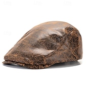cheap Men's Hats-Men's Flat Cap Ascot Hat Newsboy Hat Black Coffee PU Leather Fashion Casual Street Daily Plain Adjustable Sunscreen Breathable