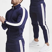 cheap Basic Tracksuits-Men's Sweatshirt Tracksuit Outfit Set Stand Collar Outdoor Daily Sports Drawstring Zip Up Pocket Color Block Yellow Red Navy Blue Polyester Activewear Fashion Streetwear Spring