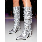 Χαμηλού Κόστους Μπότες μόδας-Γυναικείες χρυσές μπότες φιδιού μέχρι τη μέση της γάμπας - μεταλλικές μπότες με χοντρό τακούνι και μυτερή μύτη για βραδινή έξοδο &amp;ρούχα για κλαμπ