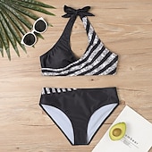 preiswerte Tankinis-Damen Badeanzug Zweiteilig Rock Bademode Rückenfrei Urlaub Strandbekleidung Gestreift V Ausschnitt Ärmellos Badeanzüge