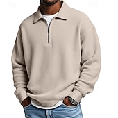 voordelige Klassieke polo voor heren-Voor heren Wafel Poloshirts Met Textuur Casual Buiten Kwart ritssluiting Lange mouw Modieus Modern Effen Kleur Met Textuur Gebreid Lente &amp; Herfst Alle seizoenen Ruim Passend Zwart Marineblauw