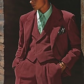 Недорогие Официальные костюмы-Мужской Свадьба Бизнес Вельветовый костюм Лацкан с тупым углом Черный Бордовый Деловые Платья Однотонный Узкий крой Набор из 3 предметов Однобортный с 1 пуговицей