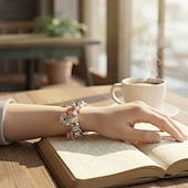 olcso Női karkötő-Ezüst karkötő többszínű kristályokkal és szív, hold és gyöngy medálokkal – testreszabható női karperec