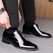 baratos Sapatos Oxford-Sapatos sociais masculinos de verniz marrom escuro com cadarço - calçado formal elegante para reuniões de negócios e eventos sofisticados.