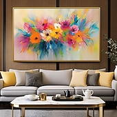 baratos Pinturas Florais/Botânicas-Pintura artesanal de flores coloridas em estilo abstrato com respingos de tinta a óleo, arte de parede em tela, pôster decorativo para casa, cozinha, escritório e outros ambientes. Presentes.