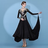 baratos Roupa de Competição-Dança de Salão Vestido Pregas Recortes Cristal / Strass Mulheres Espetáculo Treino Manga Longa Alto Elastano Fibra de Leite