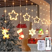 abordables Lumières de cordes de vacances-Guirlande lumineuse décorative de Noël 3 m, 10 pendentifs pentagramme et flocon de neige, télécommande 8 fonctions, USB/piles AAA, ambiance festive intérieure.