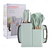 お買い得  キッチンセット-シリコン製キッチン用品セット 19点ツールキットセット 収納バケツ キッチンナイフ ストローカラーセット