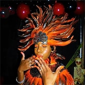 voordelige Accessoires-Carnaval 2026 Rio Carnaval Samba Accessoires Bruin Oranje Veer Hoofdband voor Dames - Gouden Pailletten Showgirl Hoofddeksel - Mardi Gras Accessoire Brazilië Festival Prestatie Kostuum