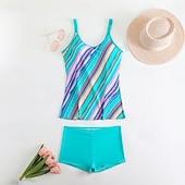 Χαμηλού Κόστους Τανκίνι-Γυναικεία Μαγιό 2 κομμάτι Σορτσάκια Μαγιό Εξώπλατο Διακοπές Ρούχα παραλίας Ριγέ Στρογγυλή Λαιμόκοψη Αμάνικο Μαγιό
