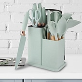 お買い得  キッチンセット-シリコン製キッチン用品セット 19点ツールキットセット 収納バケツ キッチンナイフ ストローカラーセット