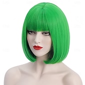 tanie Peruki imprezowe-Zielone Peruki Syntetyczne Peruka Prosta Bob z Grzywką Krótkie Zielone Syntetyczne Włosy dla Kobiet Miękka Moda Biała Zielona