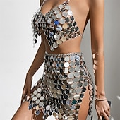 economico Top e Set-Abbigliamento da ballo Samba Mini dress con paillettes lucide da donna – Outfit senza schiena a collo alto in disco metallico per festa nightclub rave|l Costume da spettacolo