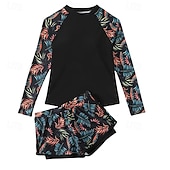 abordables Tankinis-traje de baño de dos piezas para mujer tankini de palmera alta cintura control de abdomen alta cintura sin espalda vacaciones ropa de playa hojas florales cuello redondo de manga larga