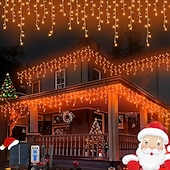 billiga Solsträngljus-Solcellsdrivna vattentäta julispljus 10 meter 400 lysdioder 48 droppar 8-funktions timer fjärrkontroll genomskinlig tråd anslutningsbar ljusslinga innergård balkong träd veranda takfot dekorativa ljus