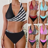 preiswerte Tankinis-Damen Badeanzug Zweiteilig Rock Bademode Rückenfrei Urlaub Strandbekleidung Gestreift V Ausschnitt Ärmellos Badeanzüge