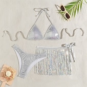 ieftine Topuri și seturi-Samba Dancewear Outfit strălucitor din paiete argintii pentru femei - Set cu top halter bralette și fusta pentru petreceri rave - Costum de performanță