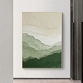 abordables Pinturas abstractas-Regalo de Navidad: pinturas abstractas hechas a mano en tonos verde y beige, pintura de montaña, pinturas de paisaje verde, arte mural, gran panorama minimalista de valle, pintura al óleo
