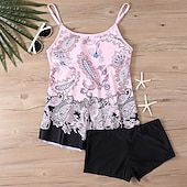 お買い得  タンキニ-女性用 スイムウェア 2ピース ショーツ 水着 バックレス 旅行度假风 ビーチウェア フラワー グラフィック Ｕネック ノースリーブ 水着