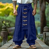 tanie Retro-Męskie Lniane spodnie Spodnie Letnie spodnie Luźne spodnie Guziki Ściągana na sznurek Elastyczny pas Równina Komfort Oddychający Pełna długość Na zewnątrz Joga Siłownia Designerskie Retro / vintage