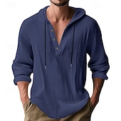 cheap Men's Popover Shirts-Men's Shirt Popover Shirt Summer Shirt Casual Shirt Beach Shirt Black White Yellow Navy Blue khaki Long Sleeve Solid Color Hooded Vacation Casual Drawstring Clothing Apparel Fashion Casual Comfortable