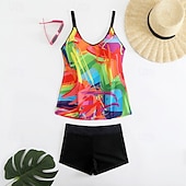cheap Tankinis-Women's Swimwear 2 Piece Shorts Swimsuit Backless Vacation Beach Wear Graphic Color Block V Neck Sleeveless Bathing Suits