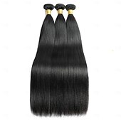 baratos 1 pacote de fios de cabelo humano-1 pacote Tecer Cabelo Cabelo Brasileiro Yaki Liso Extensões de cabelo humano Cabelo Humano Tecer 10-30 polegada Preta Riscas Naturais
