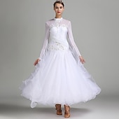 Недорогие Стандартный бальный зал-Женское элегантное платье для бальных танцев бирюзового цвета, украшенное стразами, с высоким воротником, для вальса, танго, румбы, современного танца, для выступлений на соревнованиях