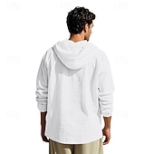 cheap Men's Popover Shirts-Men's Shirt Popover Shirt Summer Shirt Casual Shirt Beach Shirt Black White Yellow Navy Blue khaki Long Sleeve Solid Color Hooded Vacation Casual Drawstring Clothing Apparel Fashion Casual Comfortable