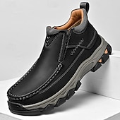 abordables Botas de montaña-Zapatos de trabajo sin cordones para hombre, de piel sintética marrón oscuro, con amortiguación: calzado resistente y con buen soporte para trabajos al aire libre y senderismo.
