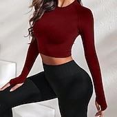 baratos Yoga Tops-Mulheres Camisetas Compressão Camada de base Tops de ioga Gola Redonda Compressão abdominal Manga Longa Esportes Côr Sólida Blusas Para Esportivo Pilates Roupas Esportivas