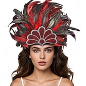 Недорогие Аксессуары-Карнавальная ночь 2026. Рио Карнавальная самба Аксессуары Красный и черный головной убор с перьями для женщин на фестивале Марди Гра - танцевальный аксессуар для фестиваля Бразилия