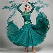 Недорогие Стандартный бальный зал-Женское элегантное платье для бальных танцев бирюзового цвета, украшенное стразами, с высоким воротником, для вальса, танго, румбы, современного танца, для выступлений на соревнованиях