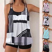 billiga Tankinis-Dam Badkläder 2 st Shorts Baddräkt Öppen rygg Semester Standkläder Blommig U-hals Ärmlös Baddräkter