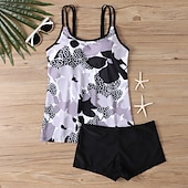 billiga Tankinis-Dam Badkläder 2 st Shorts Baddräkt Öppen rygg Semester Standkläder Blommig U-hals Ärmlös Baddräkter