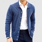 cheap Men's Cardigan Sweater-Men's Sweater Cardigan Sweater Ribbed Knit Regular Tops Knitted Plain Turndown Vacation Fashion Casual Office Clothing Apparel Spring &amp;  Fall Navy Blue S M L