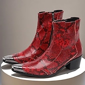 preiswerte Hochwertige Lederstiefel-Rote Herren-Ankle-Boots aus Leder mit Schlangenmuster – bequemer Blockabsatz mit Nietenbesatz, ideal für Weihnachtsfeiern und Partys