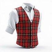  Men's Vest Waistcoat Party Fashion Streetwear Spring Fall Buttons Polyester Breathability Plaid Single Breasted V Neck Tailored Fit Red Vest