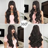 baratos Perucas de festa-Peruca sintética ondulada com franja, 71 cm (28 polegadas), cabelo sintético A1, confortável, castanha.