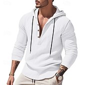 cheap Men's Popover Shirts-Men's Shirt Popover Shirt Summer Shirt Casual Shirt Beach Shirt Black White Yellow Navy Blue khaki Long Sleeve Solid Color Hooded Vacation Casual Drawstring Clothing Apparel Fashion Casual Comfortable