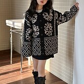 tanie Swetry i kardigany-Dzieci Dla dziewczynek Sweter rozpinany Kwiaty Na zewnątrz Długi rękaw Zapiąć Moda 4-12 lat Jesień Czarny