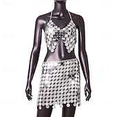 economico Top e Set-Abbigliamento da ballo Samba Mini dress con paillettes lucide da donna – Outfit senza schiena a collo alto in disco metallico per festa nightclub rave|l Costume da spettacolo