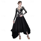 baratos Roupa de Competição-Dança de Salão Vestido Pregas Recortes Cristal / Strass Mulheres Espetáculo Treino Manga Longa Alto Elastano Fibra de Leite