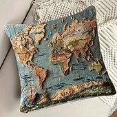 זול לזרוק כריות, תוספות וכיסויים-כיסוי כרית מפת עולם וינטג' עם הדפס שטוח דו-ממדי עיצוב חד-צדדי הכולל מפת חקר העולם הישן כיסוי כרית דקורטיבי לספה עיצוב הבית